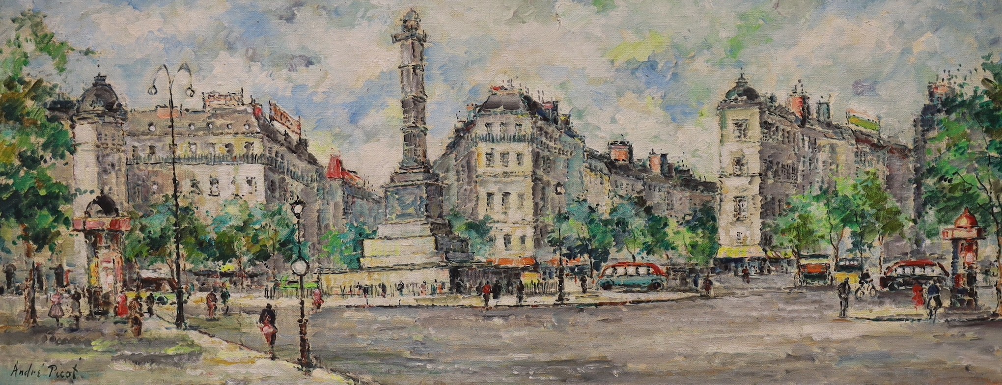 André Picot (1910-1992), four oils on board, Views of Paris, signed, 76 x 30cm and 30 x 76cm